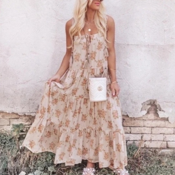 NWT Storia Floral Chiffon Tiered Maxi Dress Tassel Tie Straps Cottagecore Boho S
